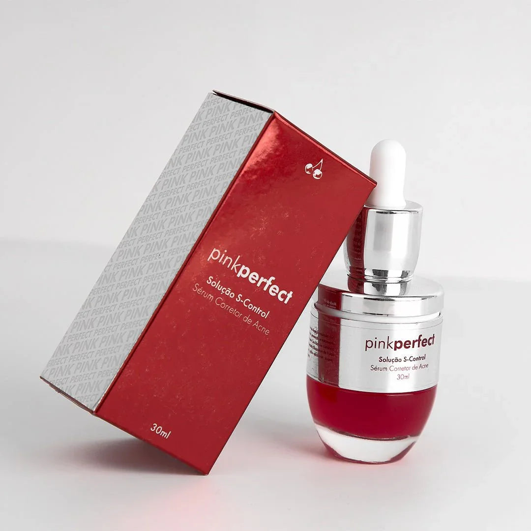 Sérum corretor de acne PinkPerfect S-Control 30ml com embalagem vermelha e frasco conta-gotas.