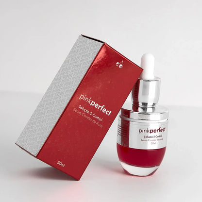 Sérum corretor de acne PinkPerfect S-Control 30ml com embalagem vermelha e frasco conta-gotas.