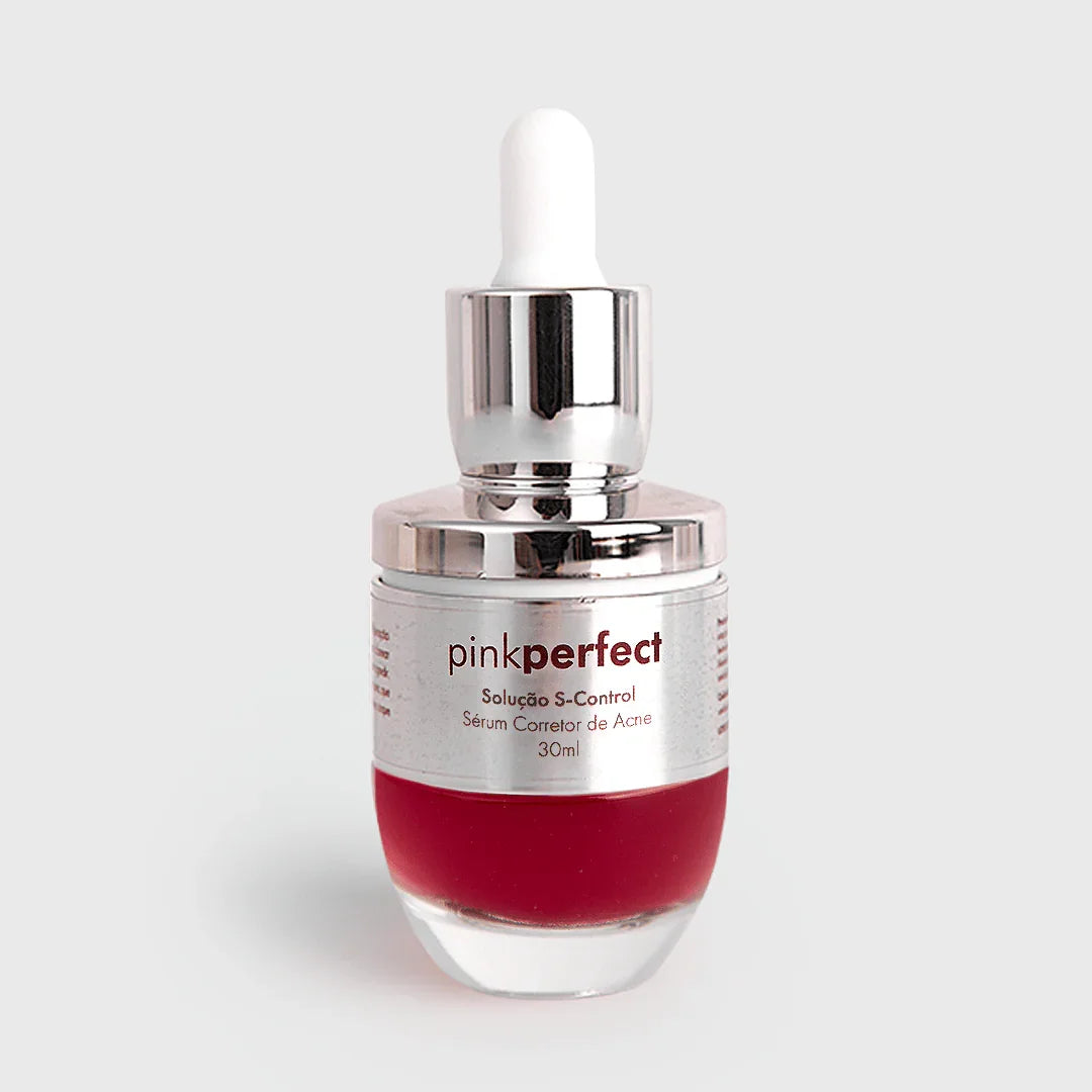 Frasco de sérum corretor de acne Solução S-Control com tampa prateada e líquido vermelho