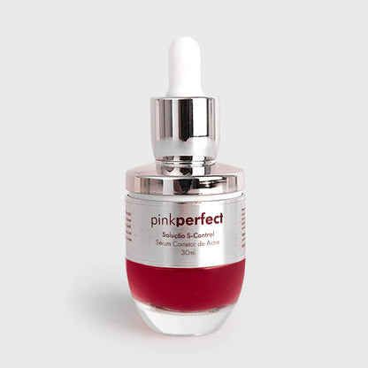 Frasco de sérum corretor de acne Solução S-Control com tampa prateada e líquido vermelho