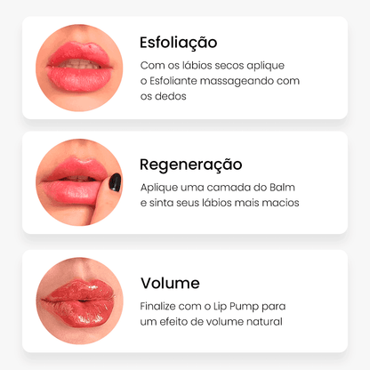 Passo a passo de cuidados labiais: esfoliação, regeneração e volume com close de lábios.