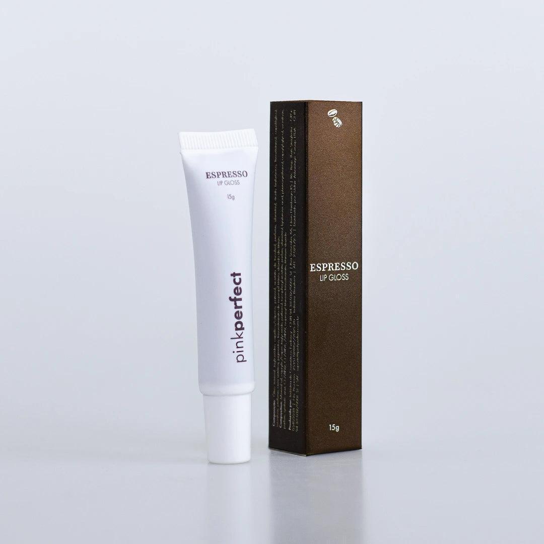 Gloss labial Espresso em bisnaga branca ao lado de embalagem marrom, skincare para lábios.