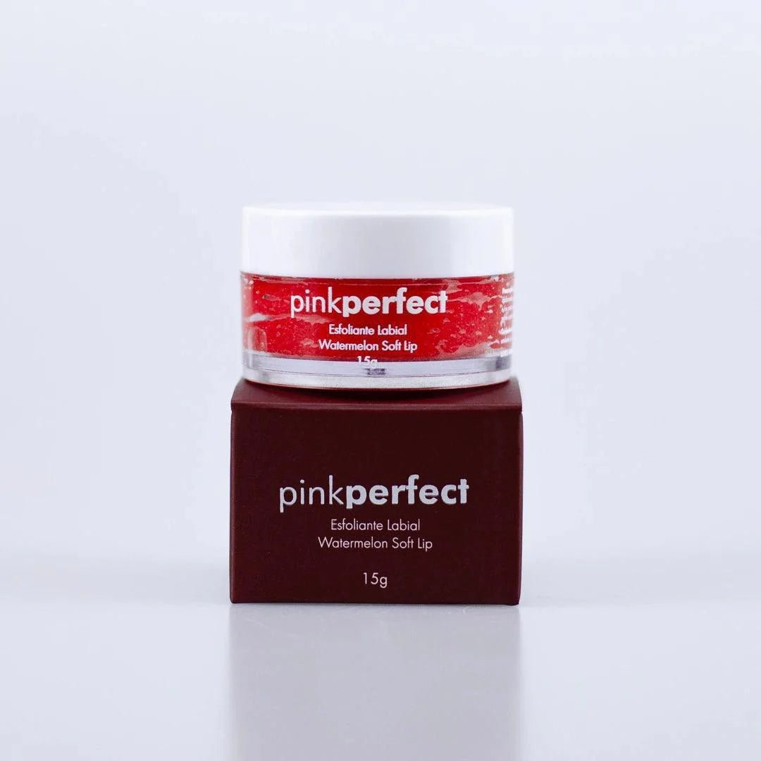 Pote de esfoliante labial PinkPerfect Watermelon Soft Lip 15g sobre embalagem marrom, fundo branco.