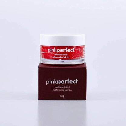 Pote de esfoliante labial PinkPerfect Watermelon Soft Lip 15g sobre embalagem marrom, fundo branco.