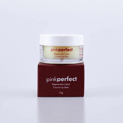 Regenerador labial PinkPerfect, balm labial de coco, pote de 15g sobre embalagem vermelha.