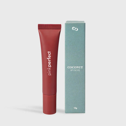 Gloss labial Coconut 15g com embalagem verde ao lado de bisnaga marrom, skincare para lábios.