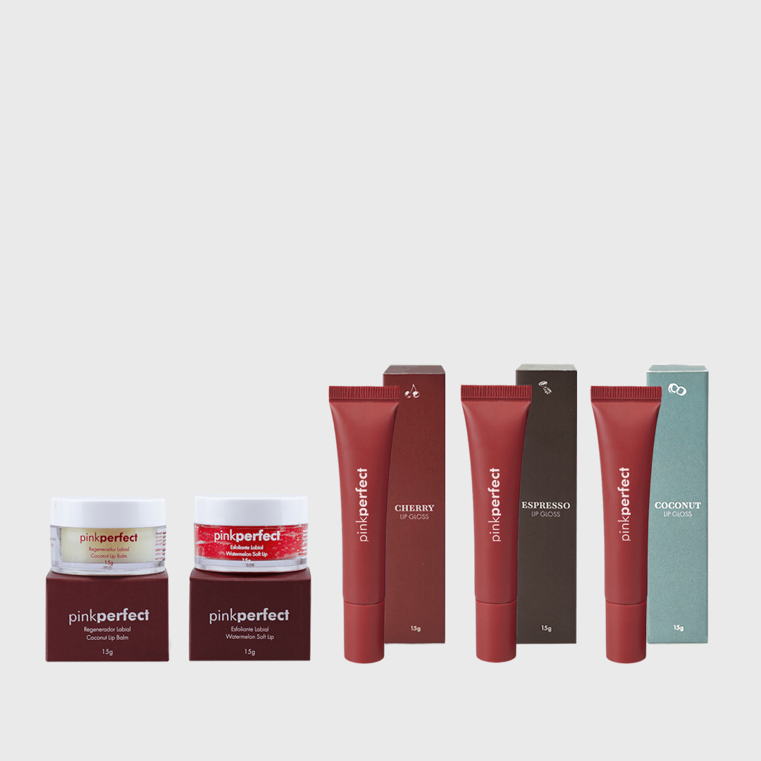 Kit completo de cuidados labiais com balm, esfoliante e gloss PinkPerfect para lábios saudáveis